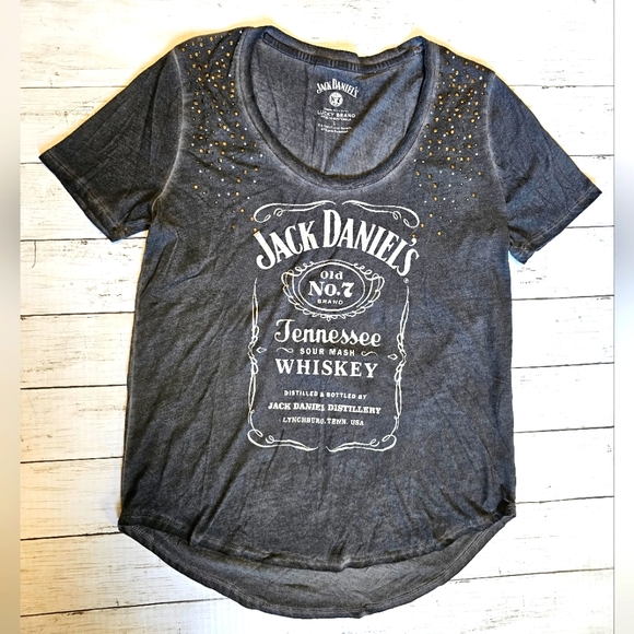 Lucky Brand Jack Daniel's Tennessee Whiskey Gray Studded Short Sleeve Tee Top - Picture 3 of 9